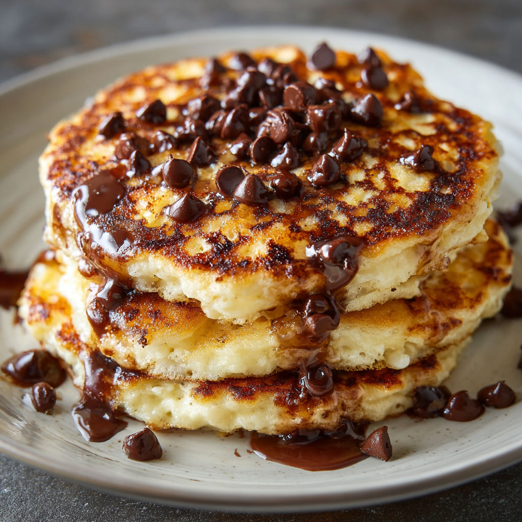 A stack of high-protein chocolate chip cottage cheese pancakes.