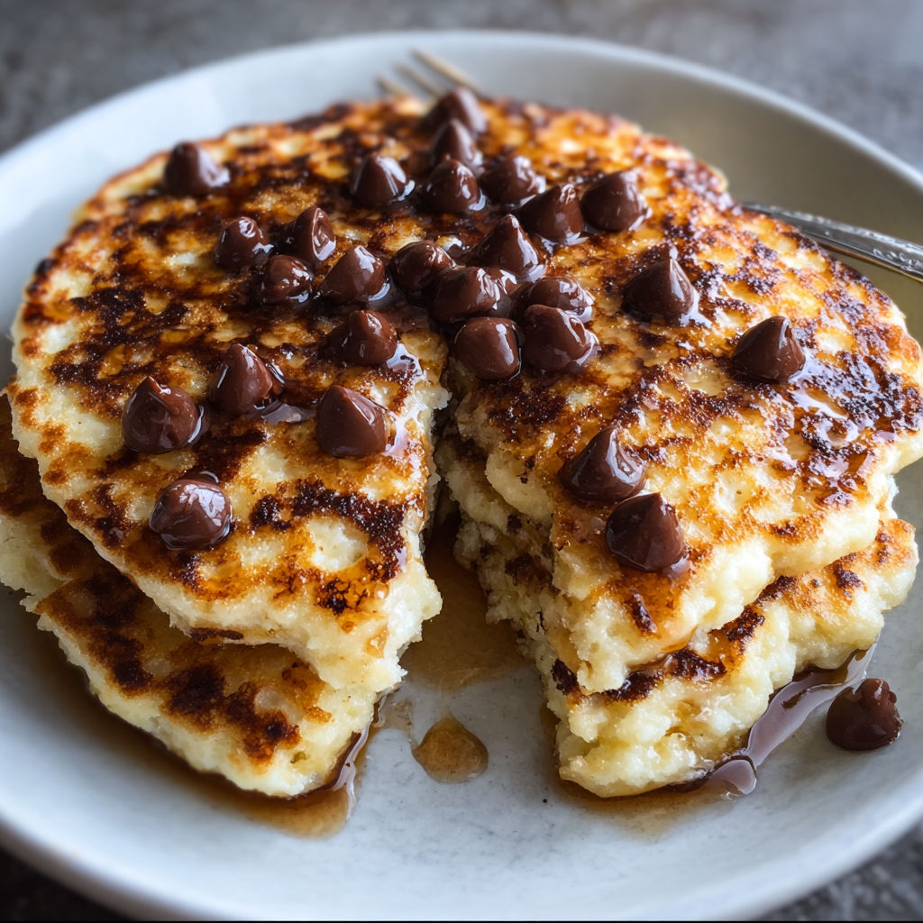 A plate of pancakes with chocolate chips on top.