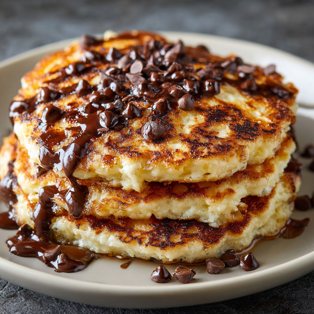 A stack of pancakes with chocolate syrup on top.