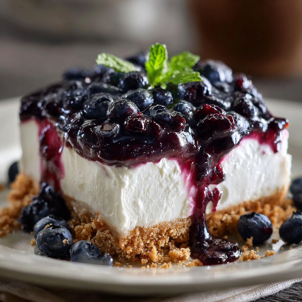 A slice of blueberry cheesecake on a plate.