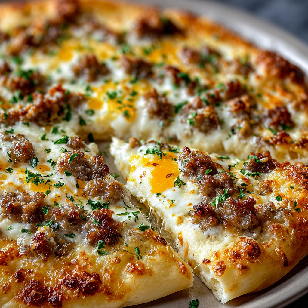 A slice of biscuits and sausage gravy breakfast pizza.