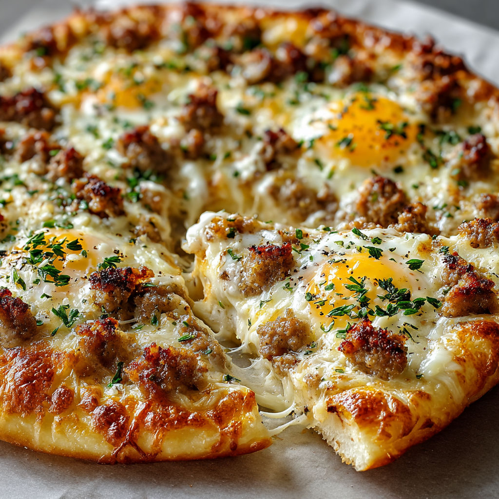 A pizza with sausage and eggs on top.
