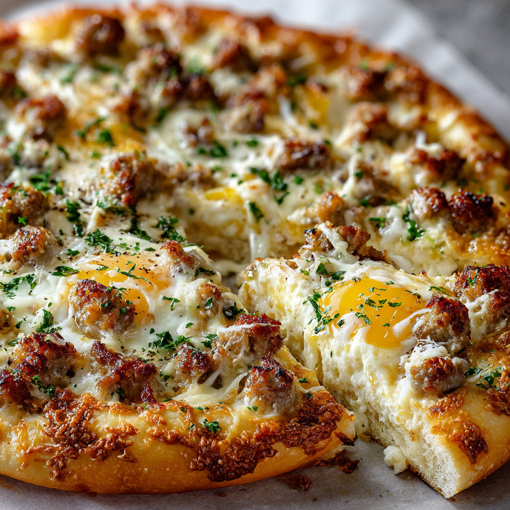A pizza with sausage and egg toppings.