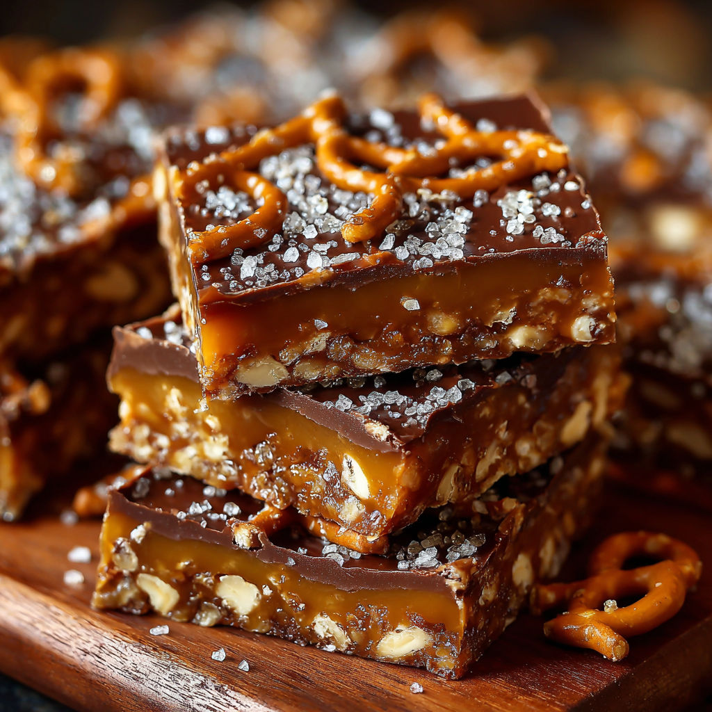 A stack of caramel pretzel crack bars.