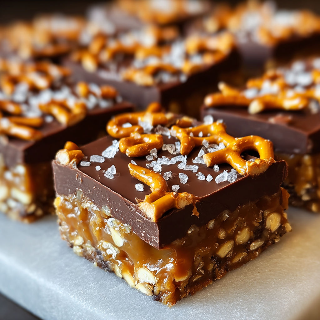 A close up of a chocolate caramel pretzel bar.