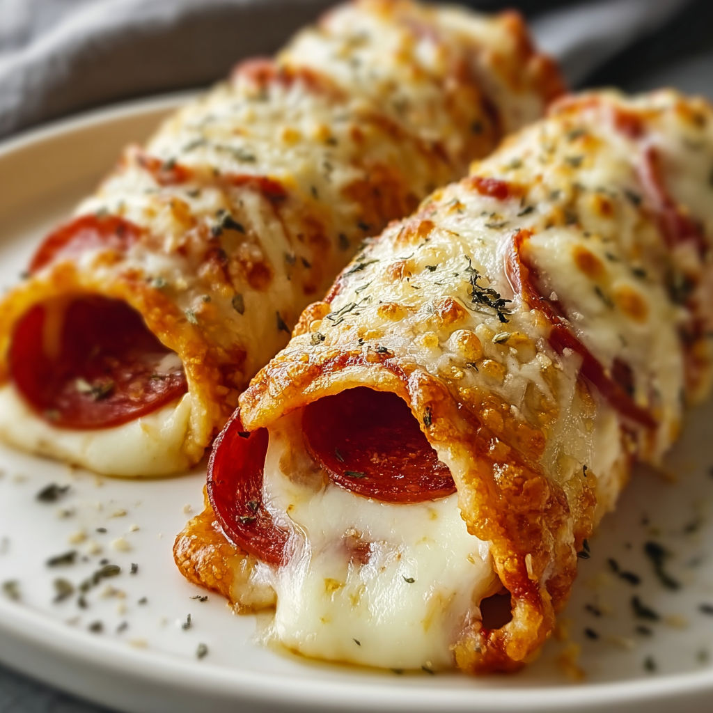 Two cheesy pepperoni roll-ups on a plate.