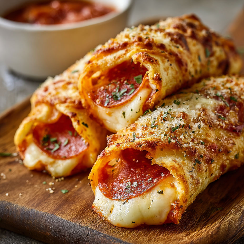A cheesy pepperoni roll-up on a wooden platter.