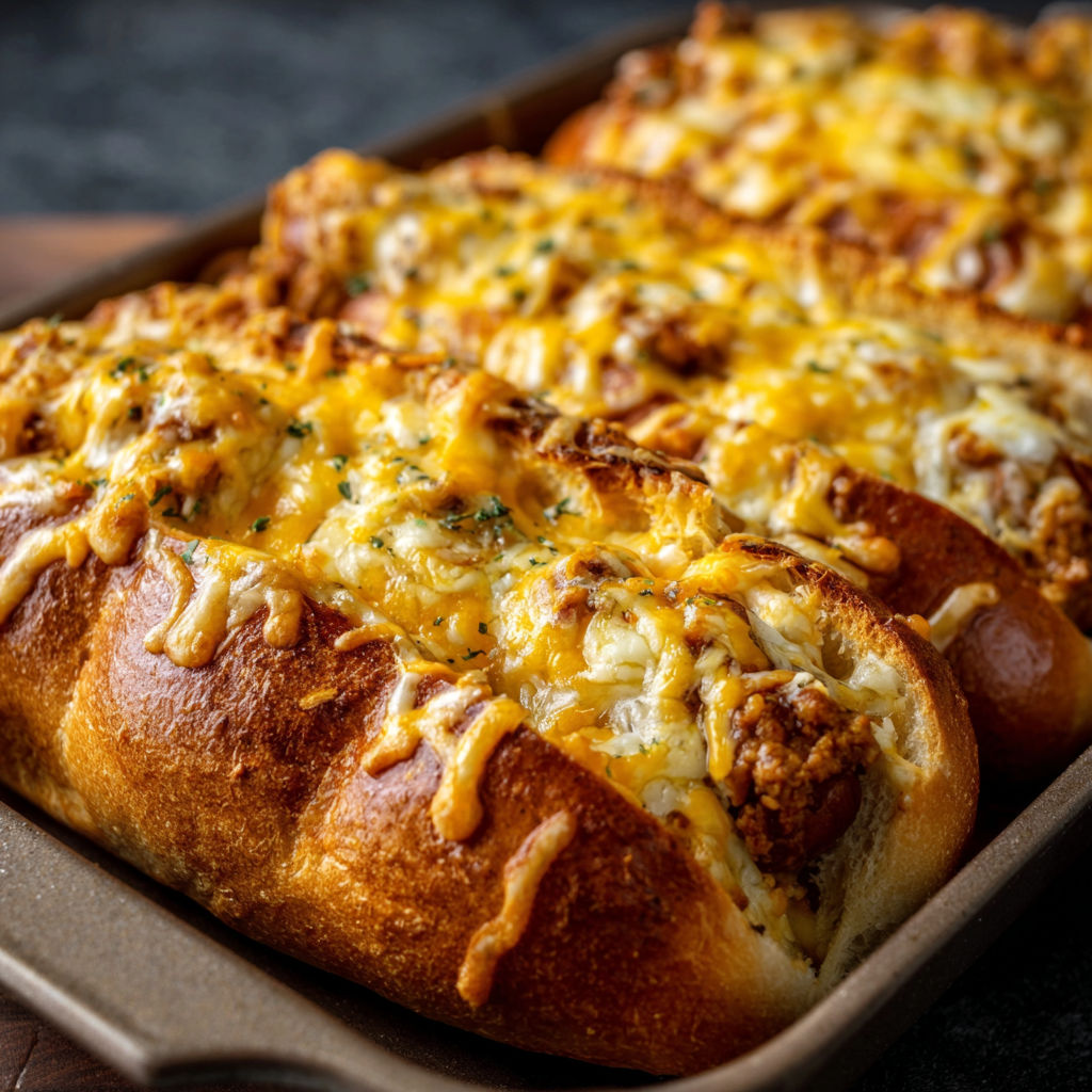 A baked chili cheese dog in a pan.