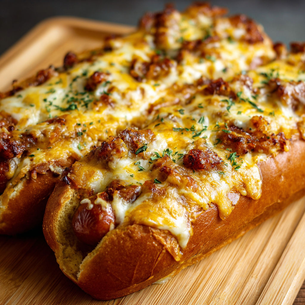 A chili cheese dog bake on a wooden cutting board.