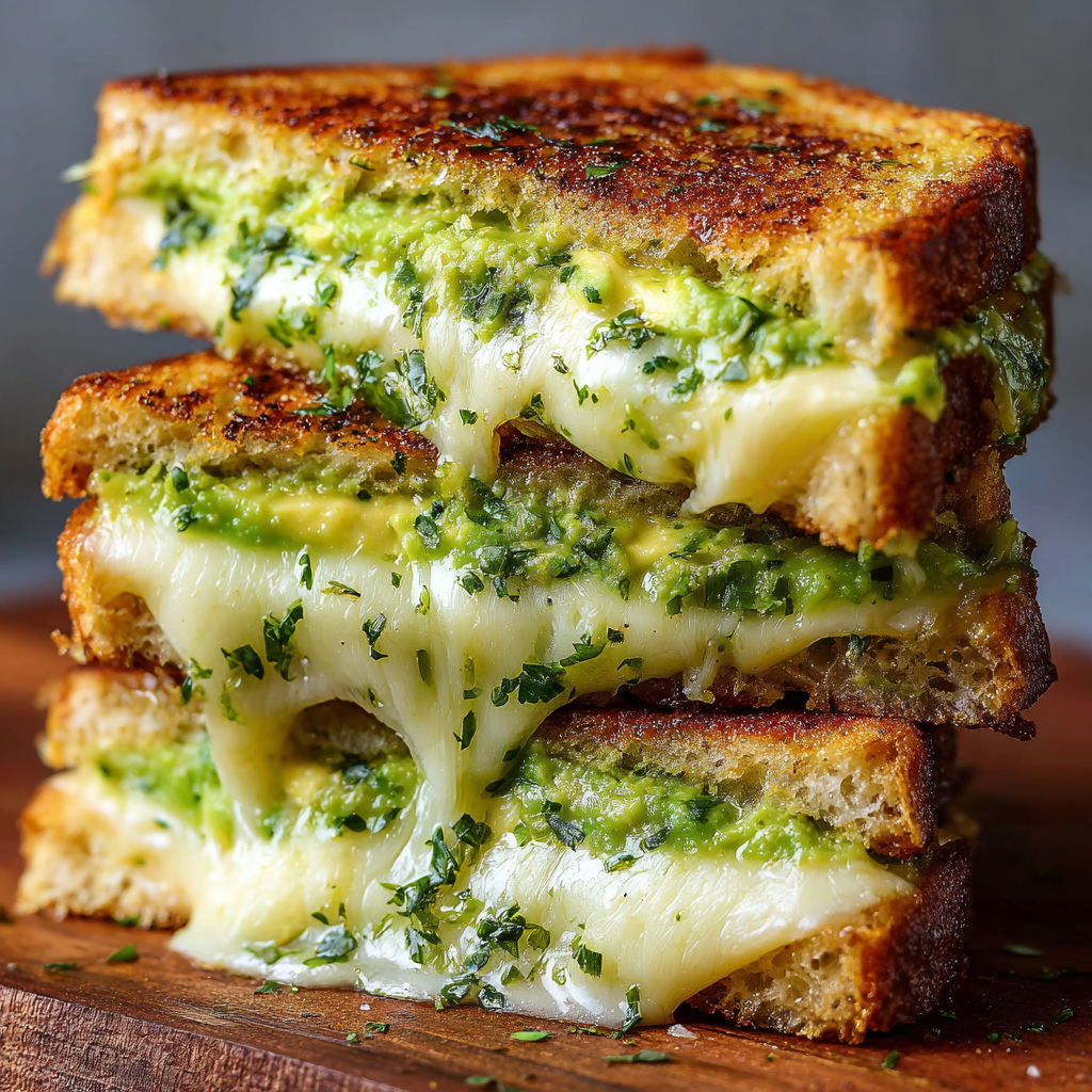 A stack of grilled cheese sandwiches with green herbs on top.