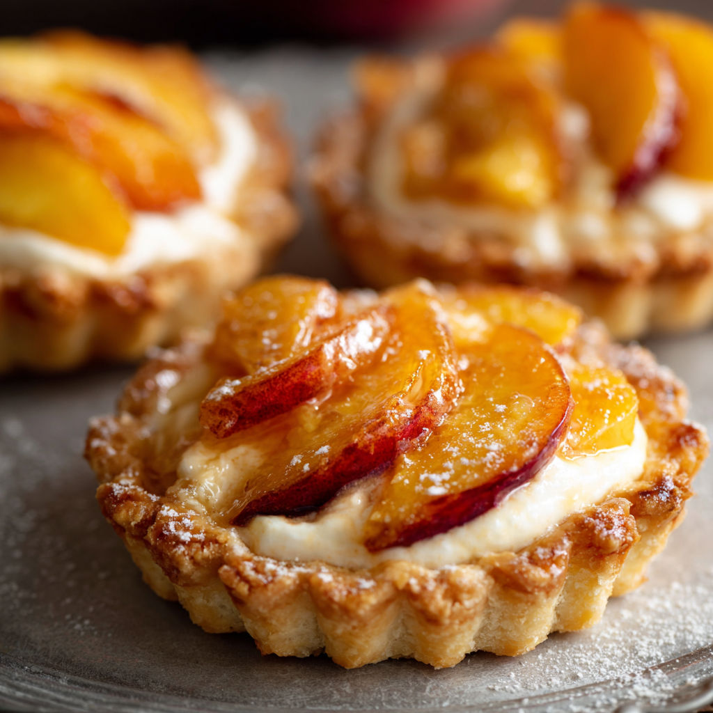 Two mini tarts with peaches and cream cheese.