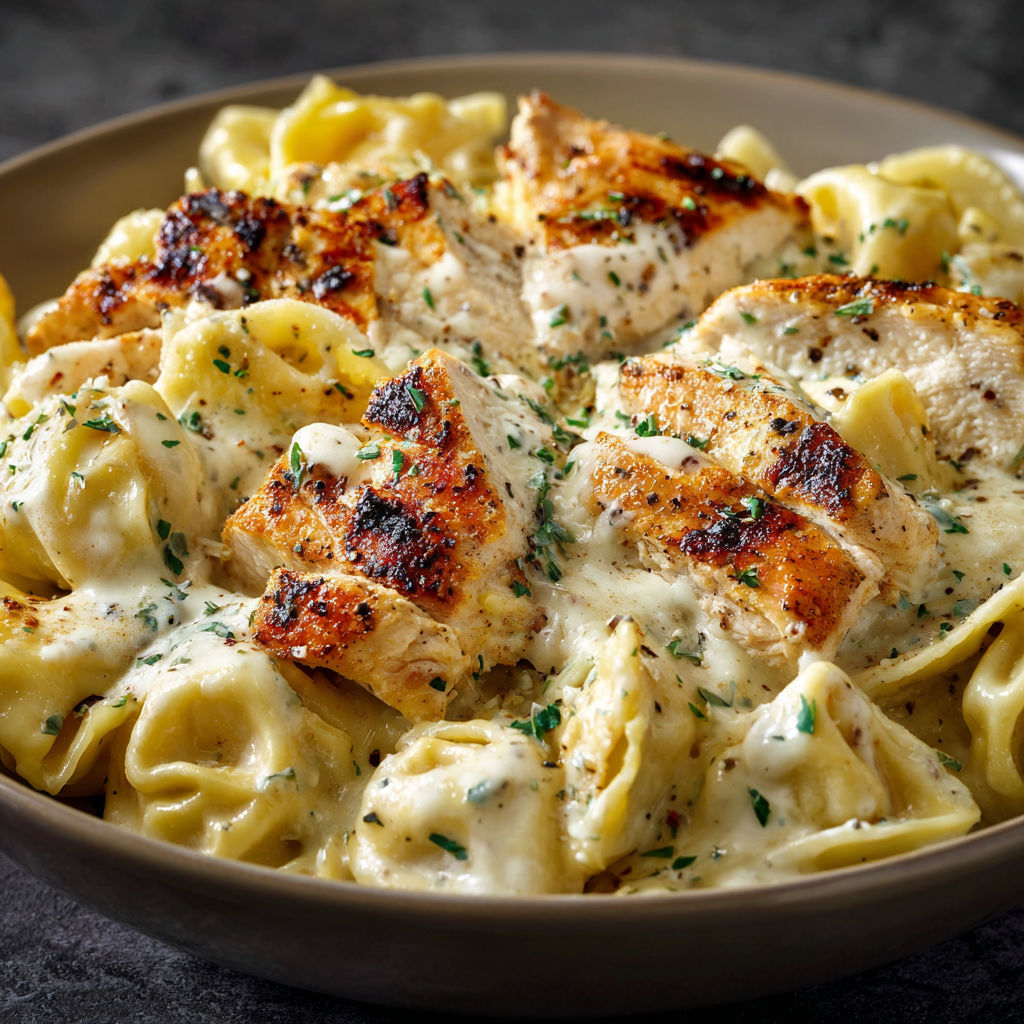 A bowl of pasta with chicken and cheese.