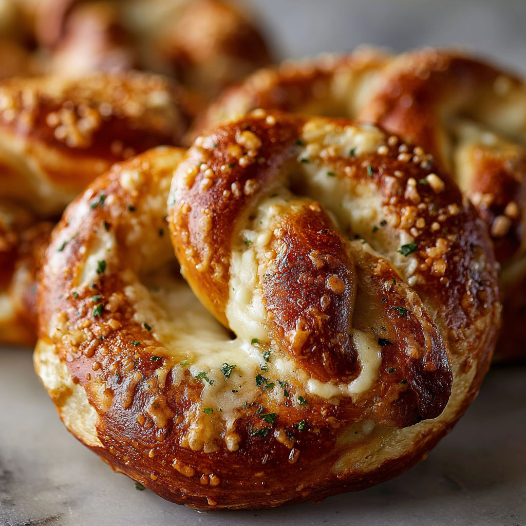 Mozzarella stuffed soft pretzels on a table.