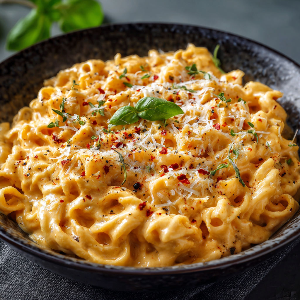 A bowl of pasta with cheese and red pepper.