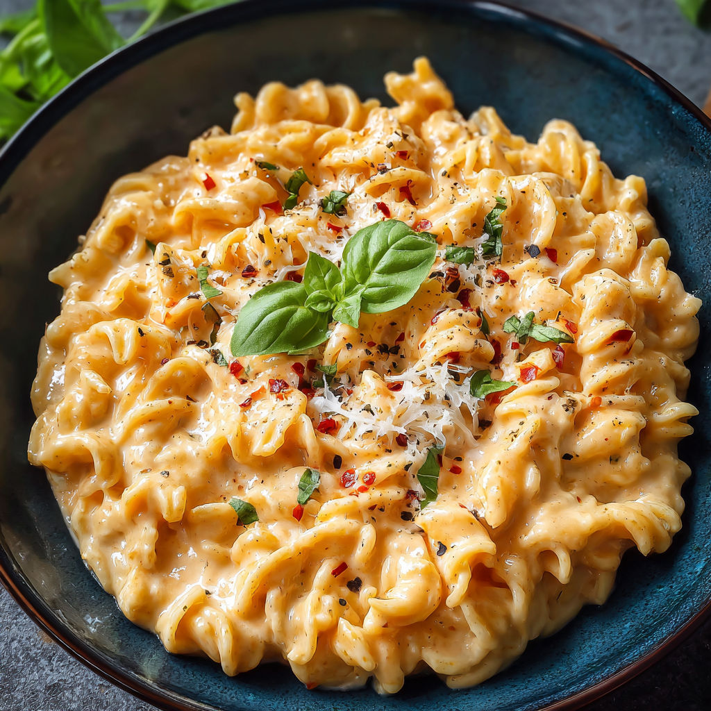 A bowl of pasta with cheese and basil.
