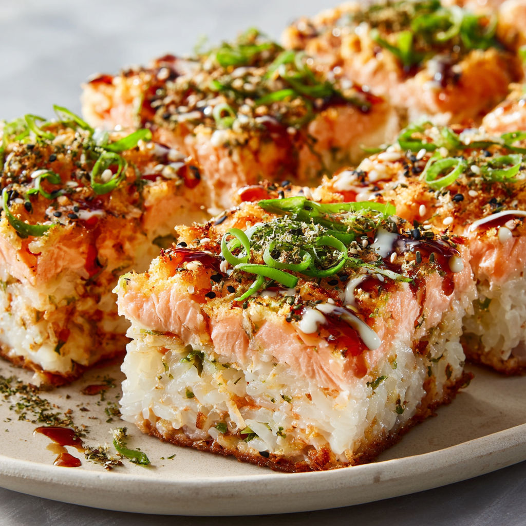 A plate of sushi with salmon and rice.