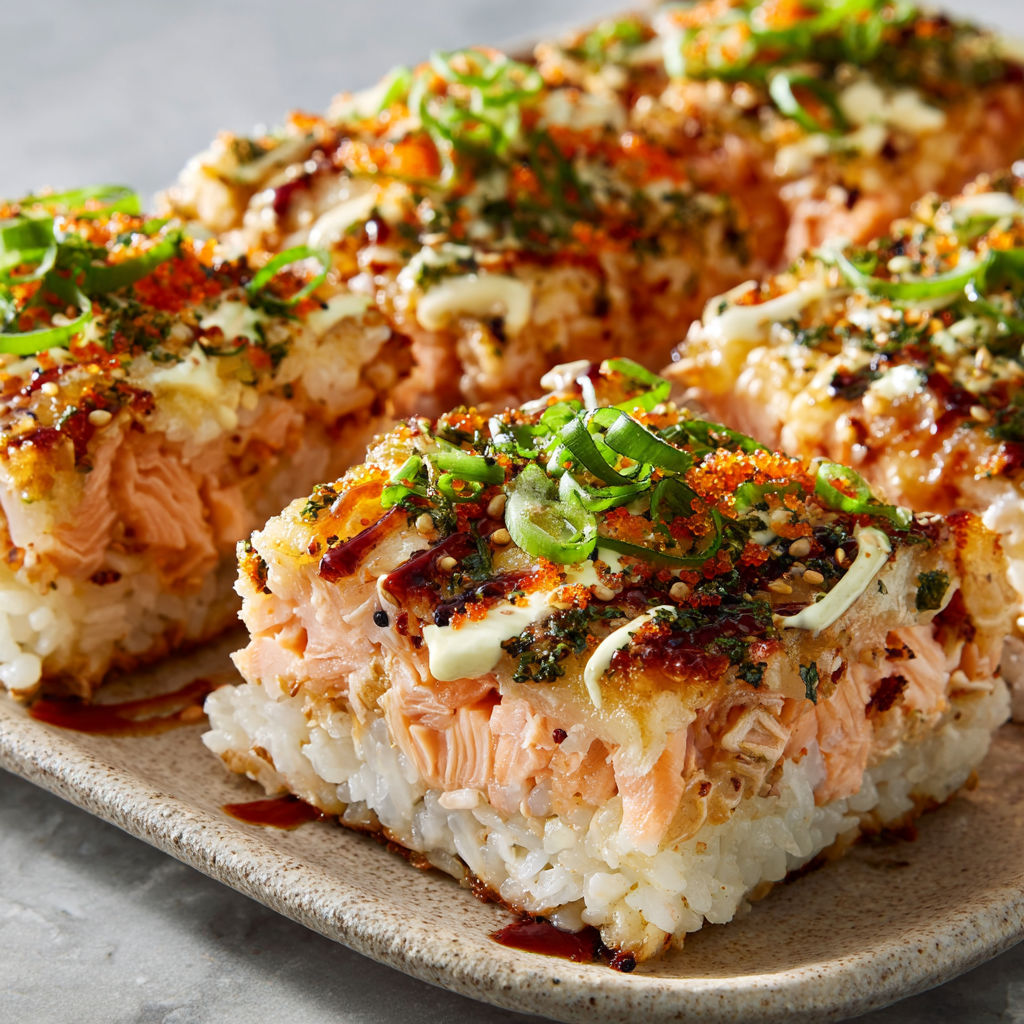A plate of sushi with rice and fish.