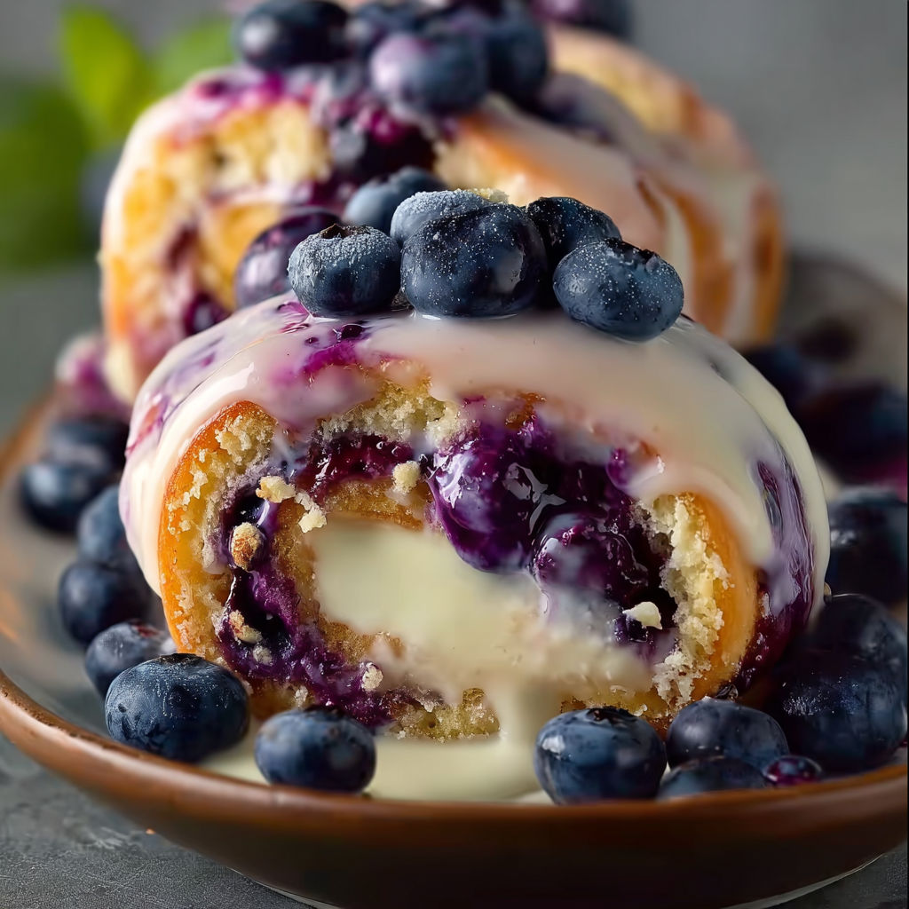 A blueberry roll with blueberries on top.