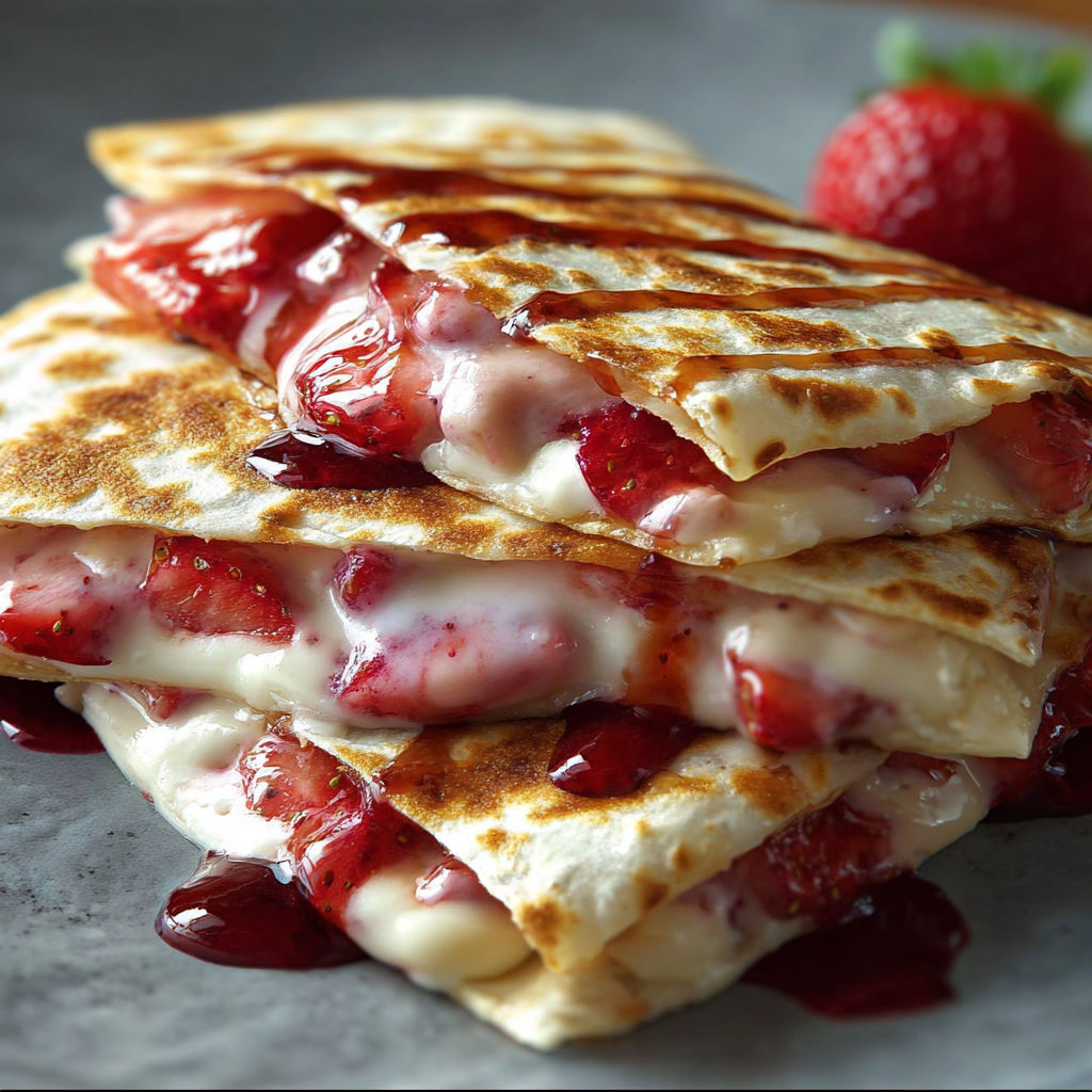 A stack of strawberry cream filled pancakes.