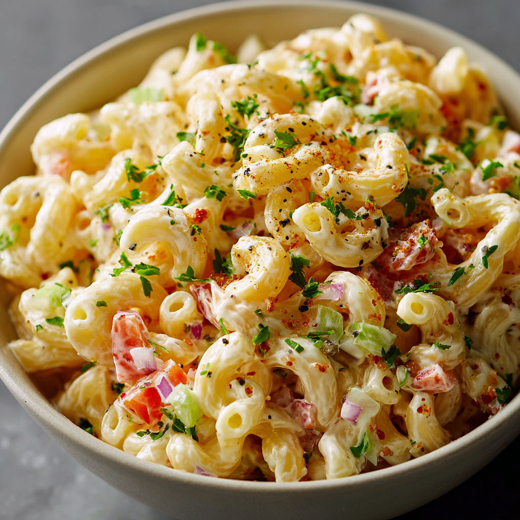 A bowl of pasta with tomatoes and herbs.