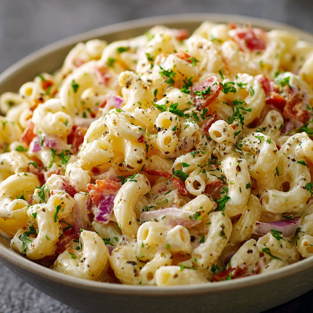A bowl of pasta with tomatoes and herbs.
