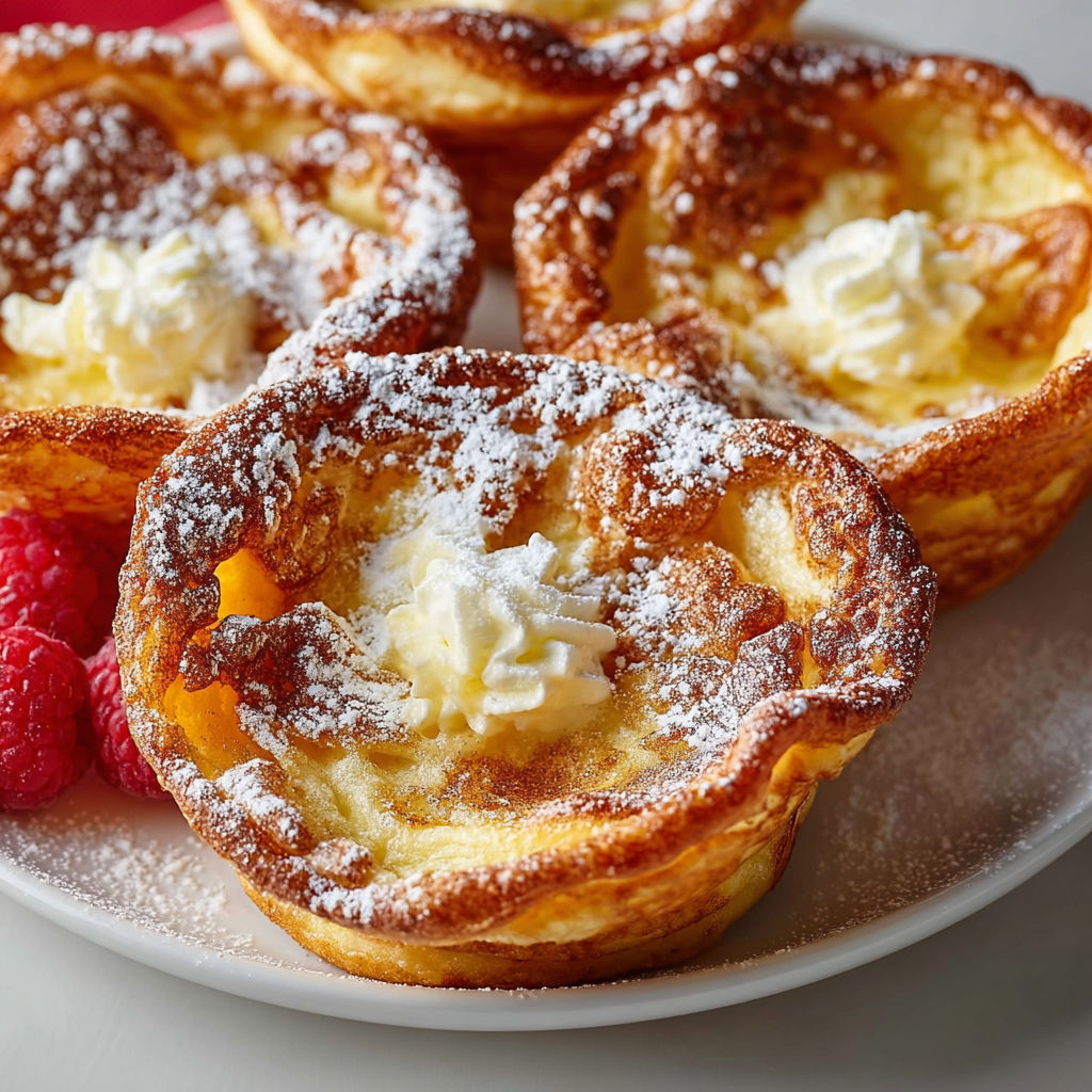 A plate of mini German pancakes with powdered sugar on top.