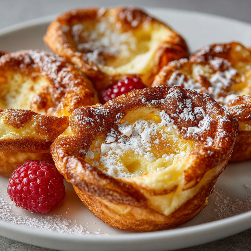 A plate of mini German pancakes with powdered sugar.