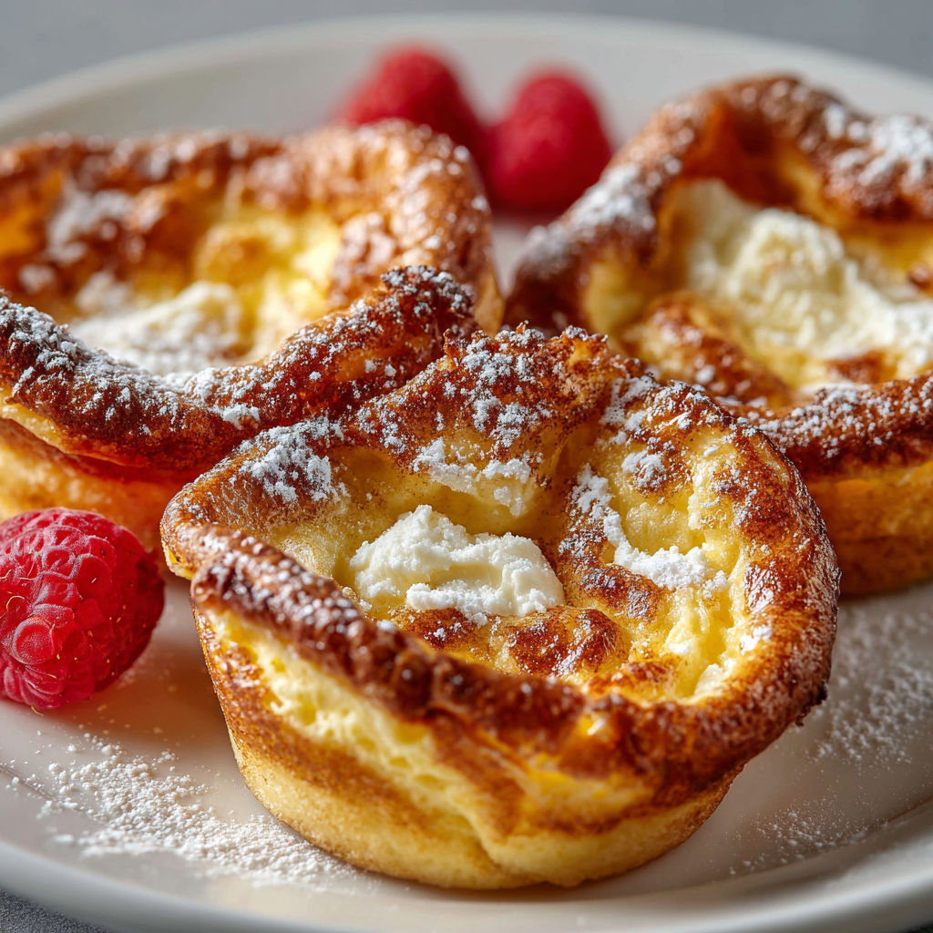 A plate of mini German pancakes with powdered sugar and raspberries.