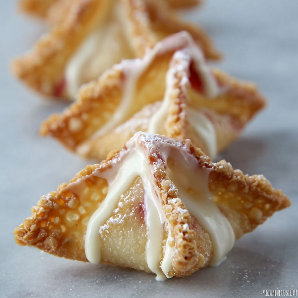 Three strawberry cream cheese wontons on a table.