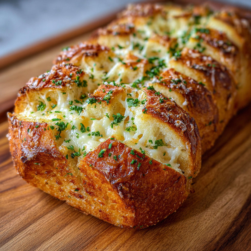 A slice of garlic bread with cheese and herbs.