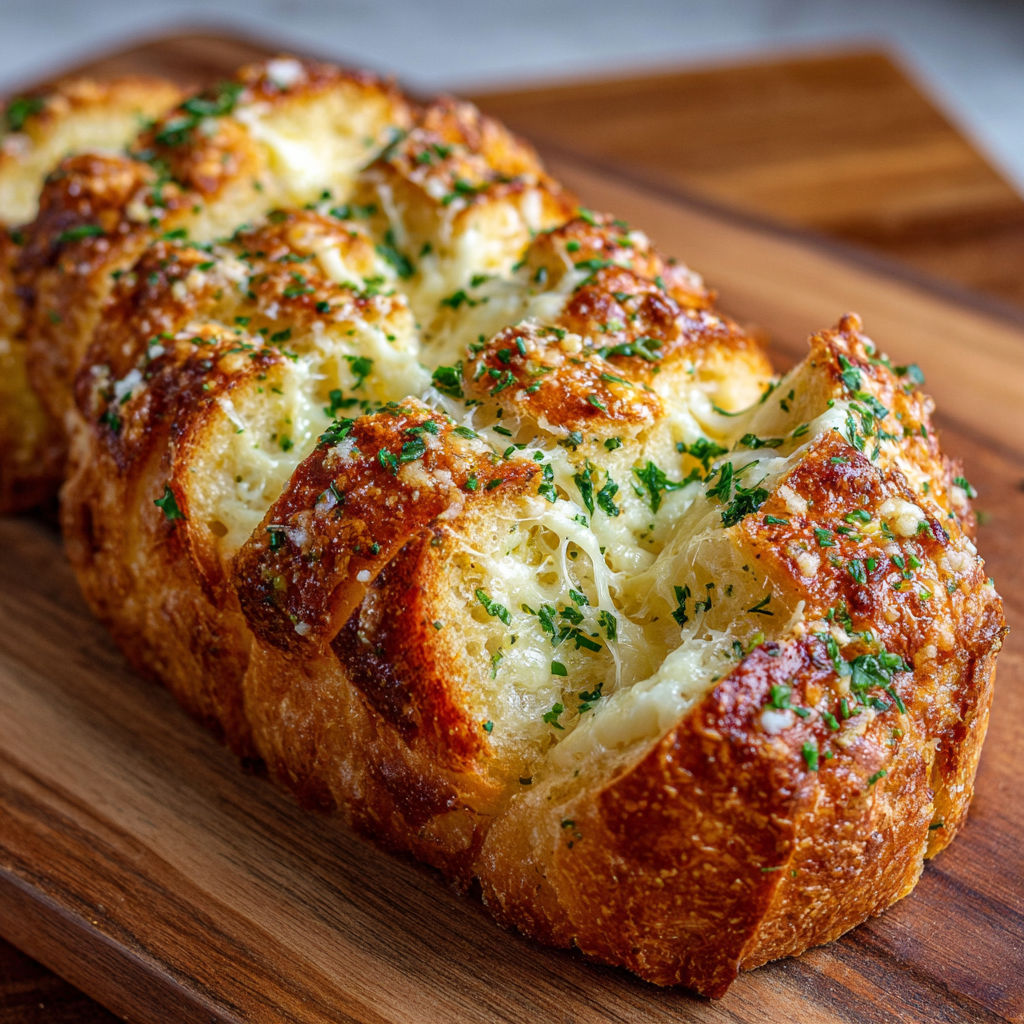A loaf of bread with cheese and herbs on top.