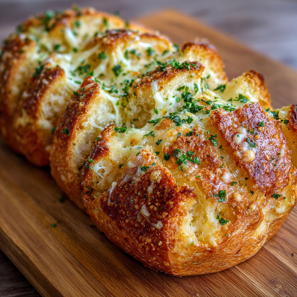 A loaf of bread with cheese and herbs on top.