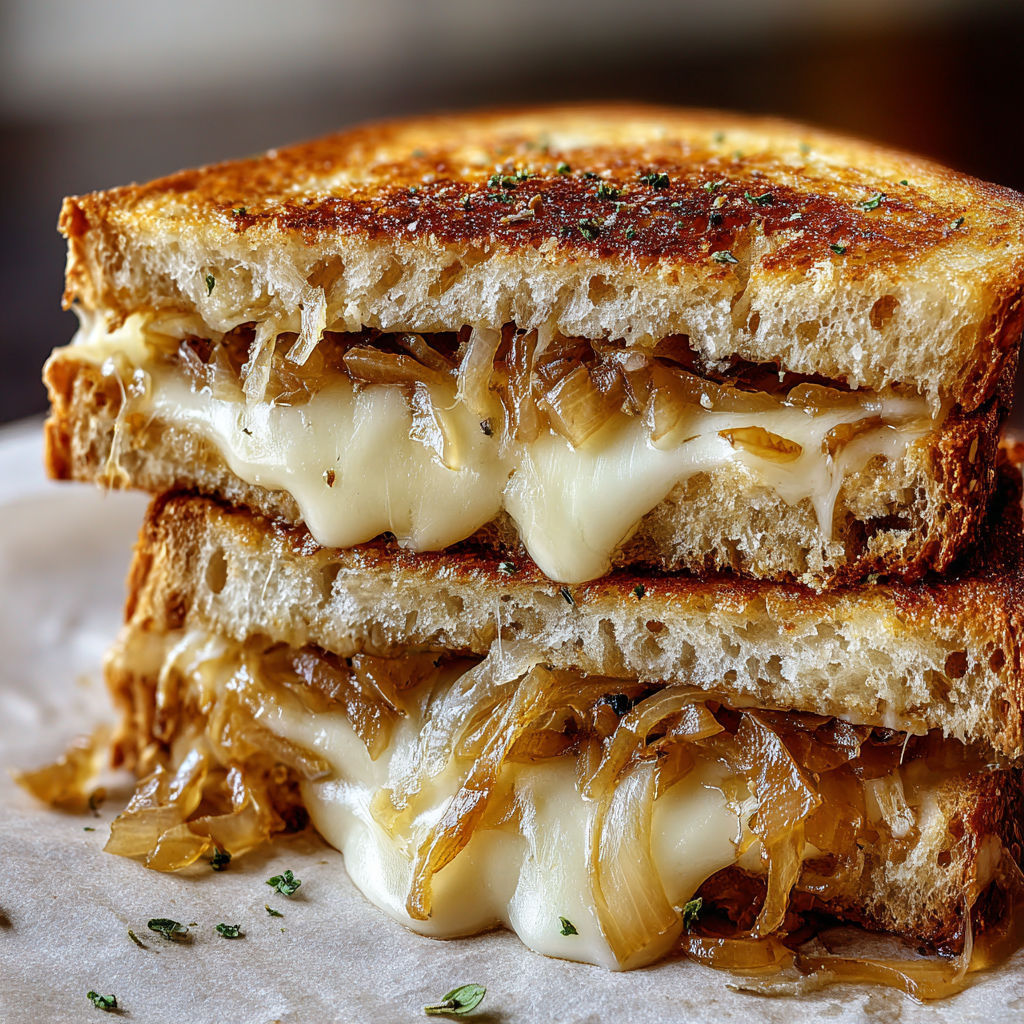 A sandwich with cheese and onions on a white plate.