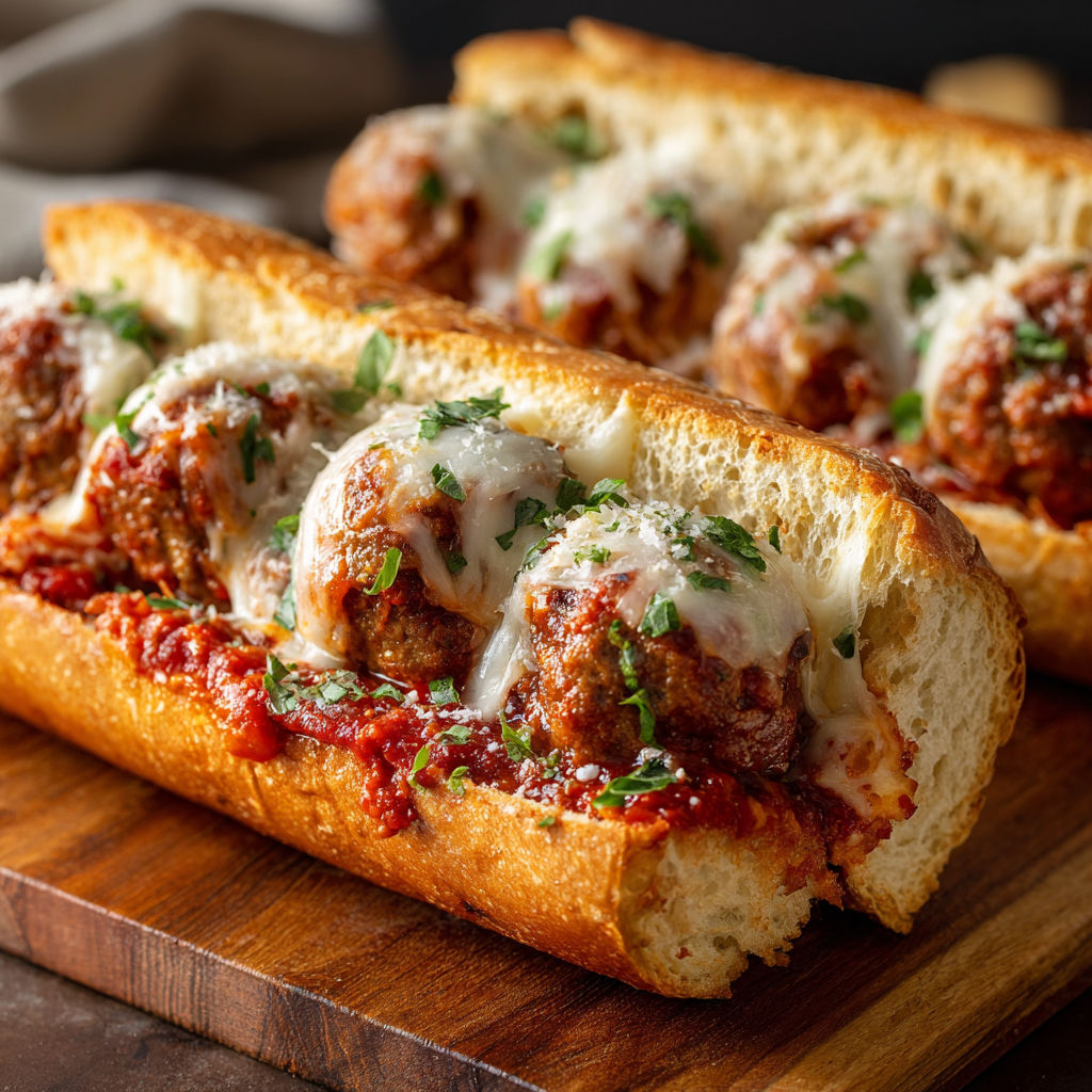A meatball sub with cheese and sauce.