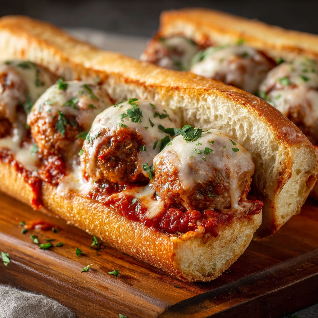 A meatball sub with sauce and cheese on a bun.