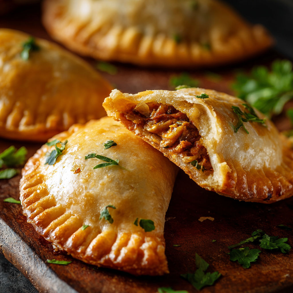 Two chicken empanadas on a wooden board.