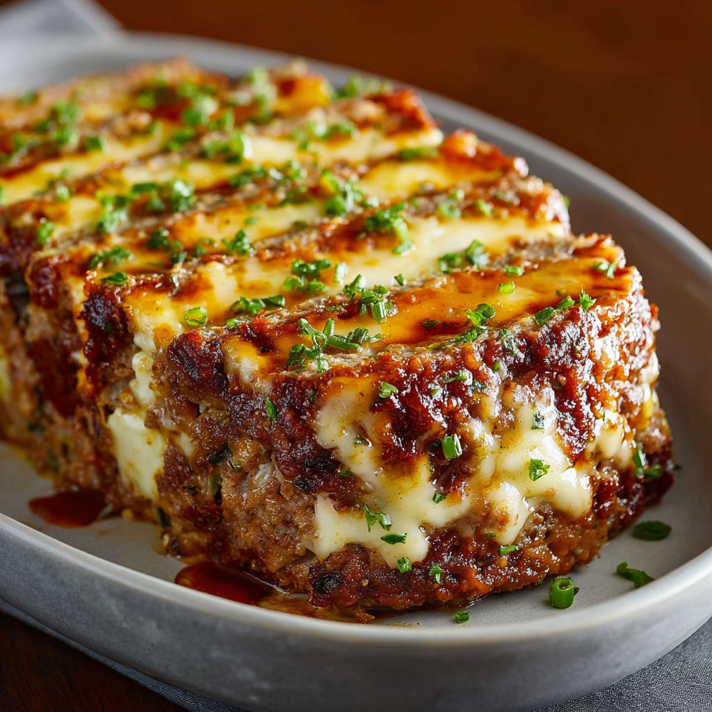 A loaded potato meatloaf on a plate.