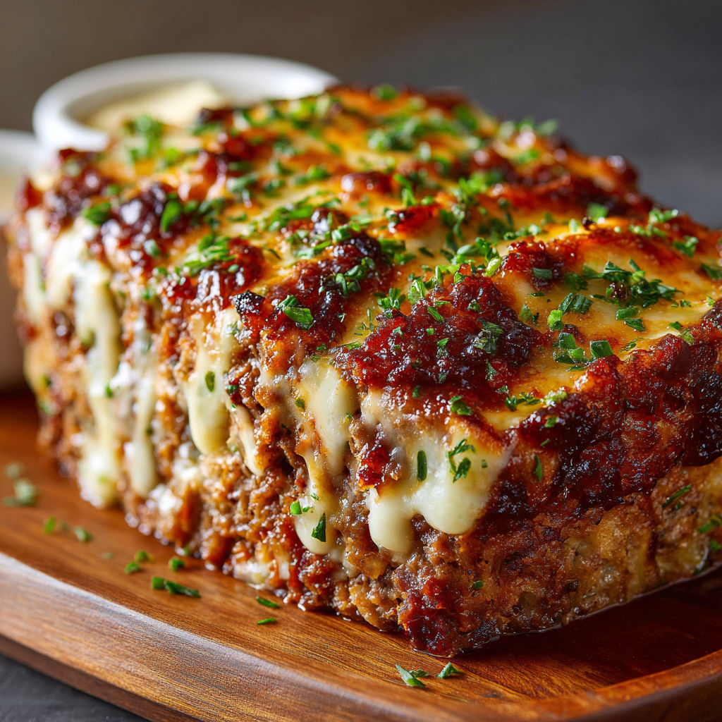 A loaded potato meatloaf with cheese and herbs on a wooden cutting board.