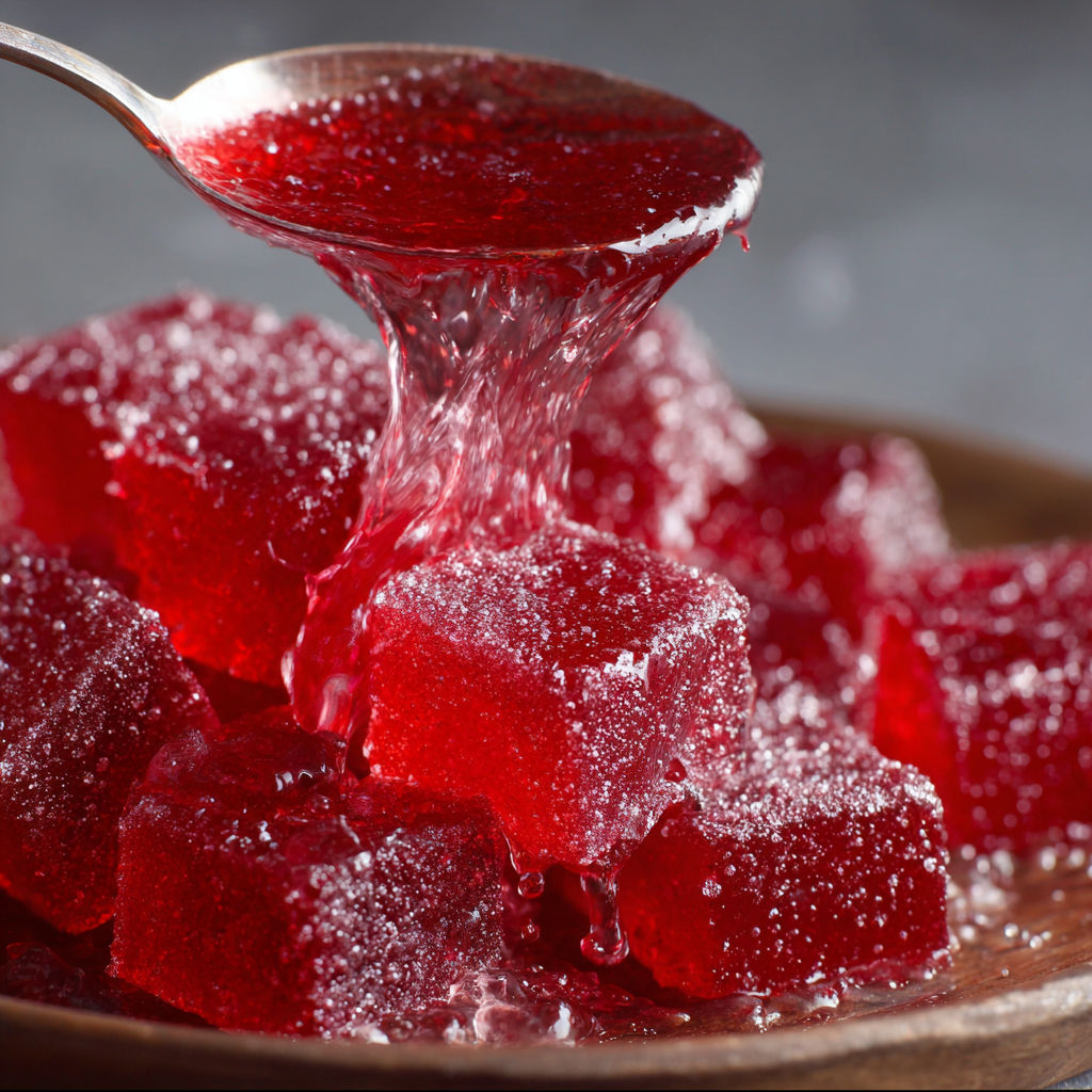 A bowl of red jello cubes with a spoon in it.