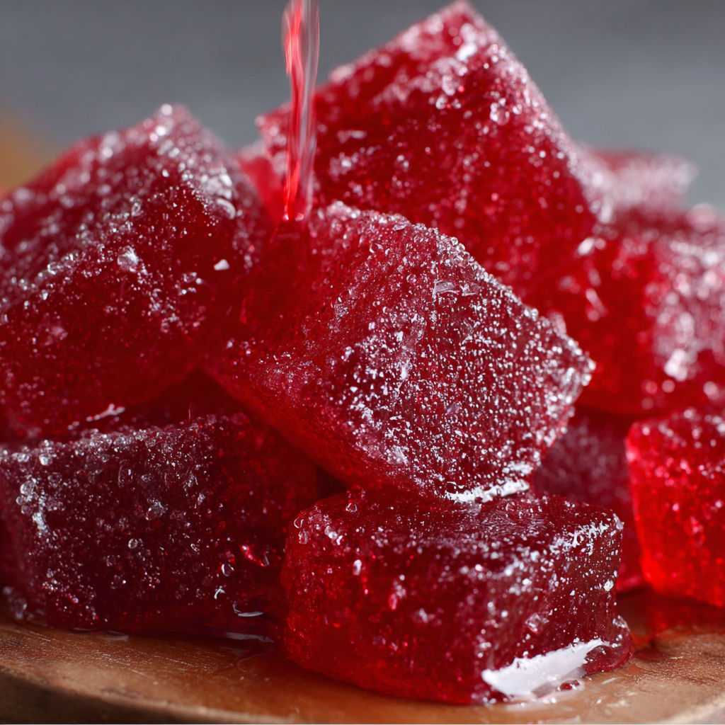 A plate of red jello cubes with a red liquid dripping on them.