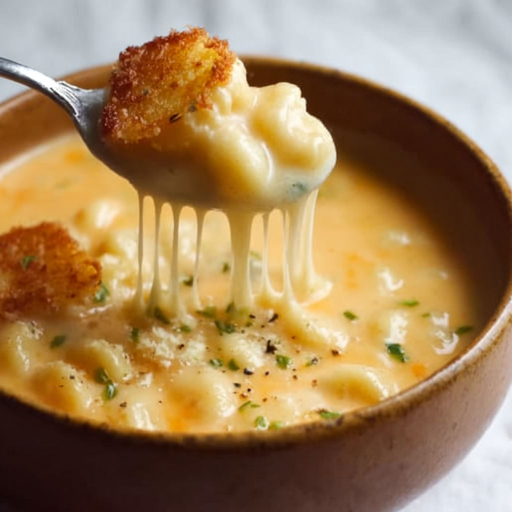 A bowl of mac and cheese soup with a spoon in it.