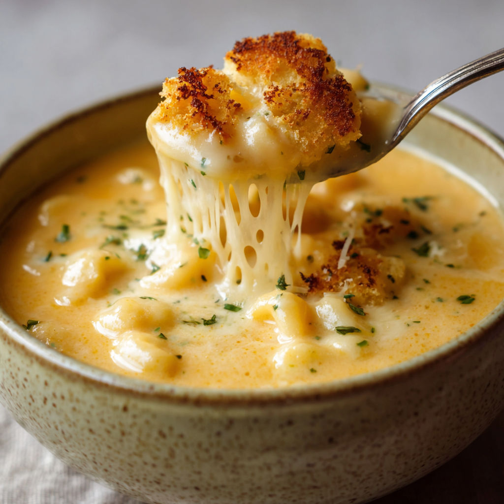 A bowl of soup with a spoon in it.