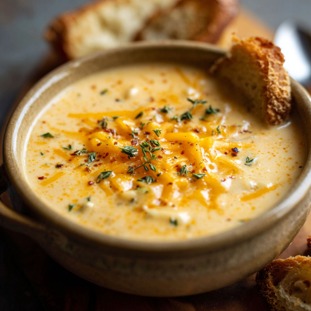 A bowl of soup with a spoon in it.