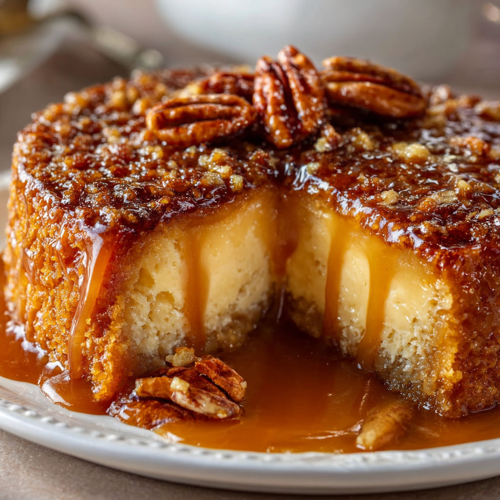 A slice of cake with a pecan on top.