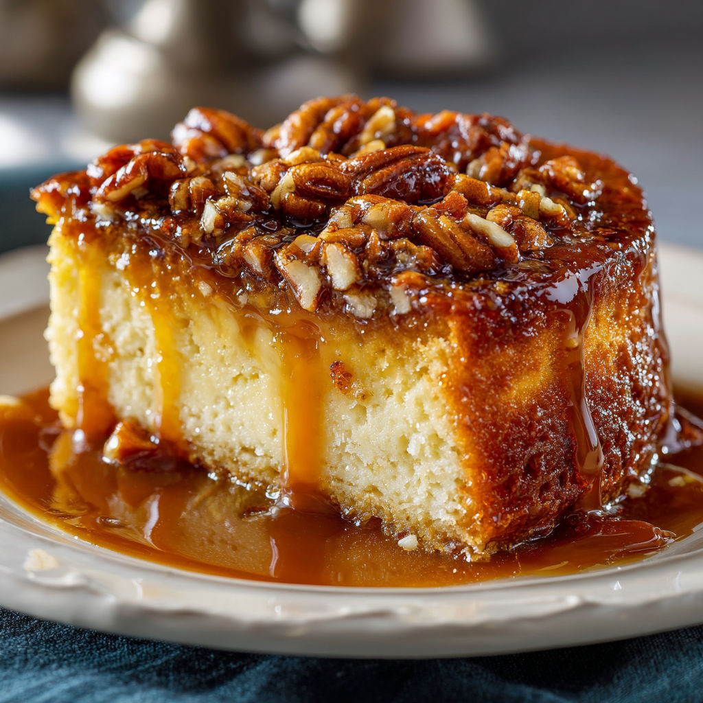 A slice of cake with caramel sauce on a plate.