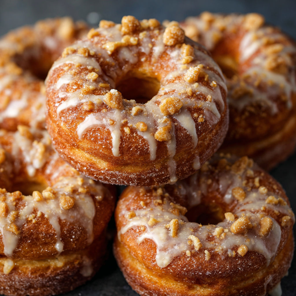 A stack of doughnuts with sugar and nuts on top.