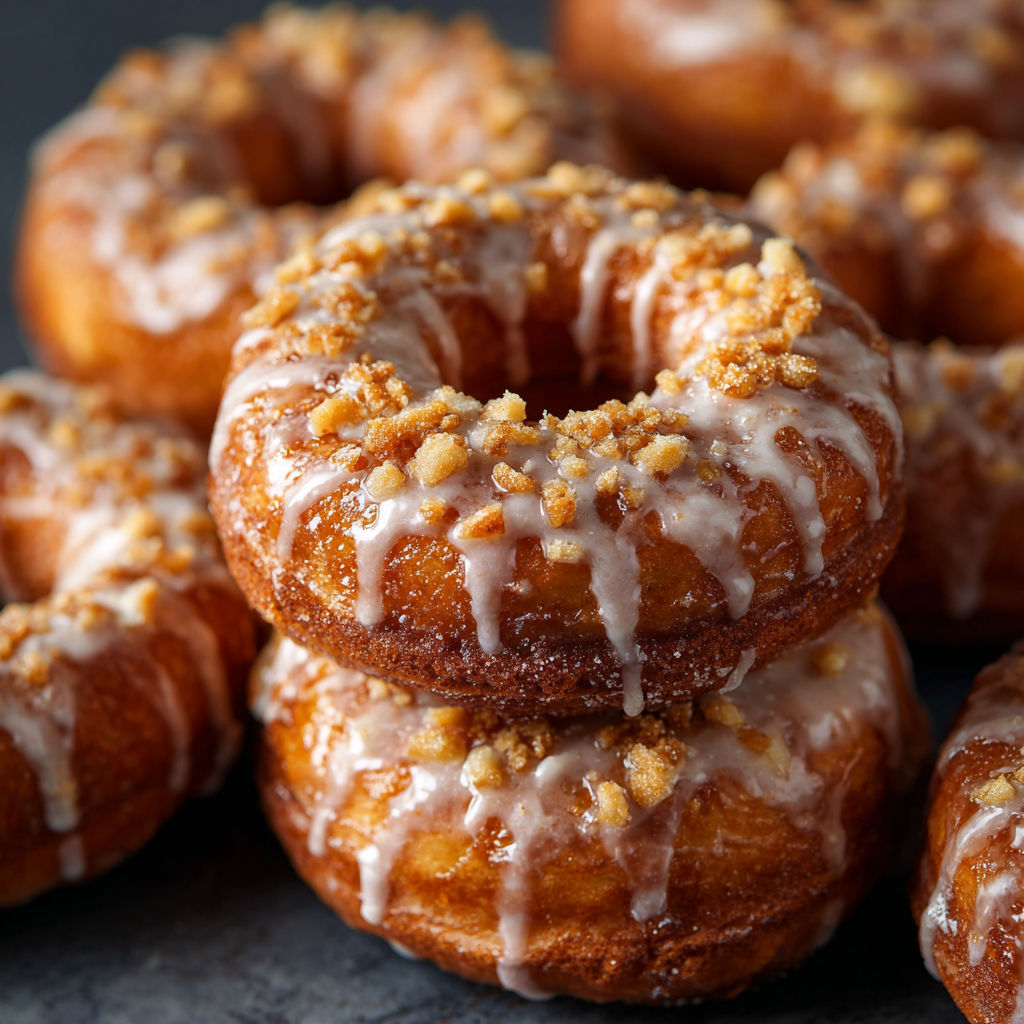 A stack of donuts with sugar and nuts on top.