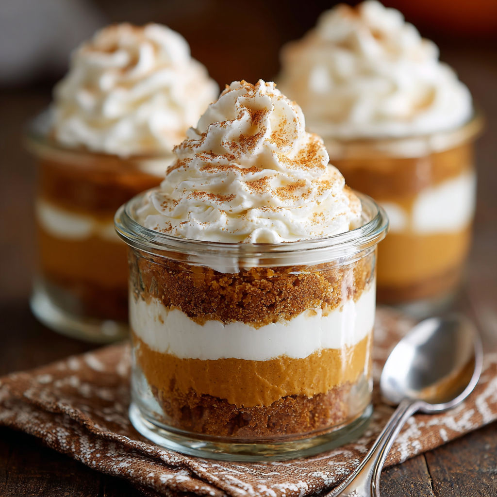 Three mini no-bake pumpkin pies in a jar.