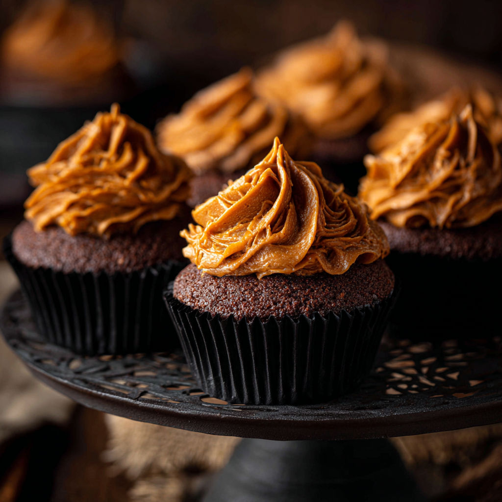Chocolate pumpkin cupcakes with frosting.