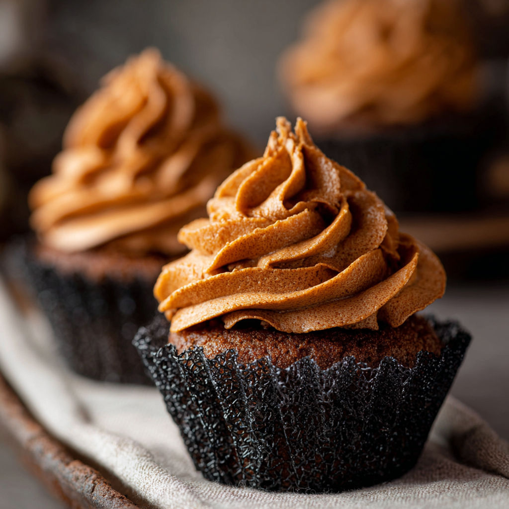 A cupcake with chocolate frosting and caramel drizzle.